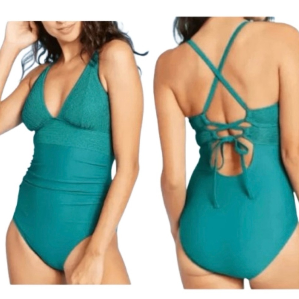 Kona Sol One-Piece Swimsuit Emerald Green High Coverage Shimmer Top EUC